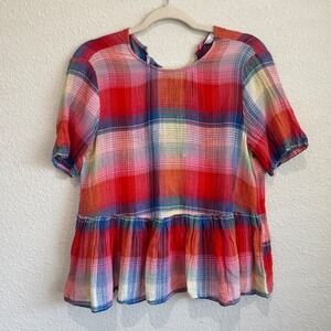 Zara Womens M Gauzy Cotton Plaid‎ Rainbow Tie Back Peplum Top Boho Cottagecore